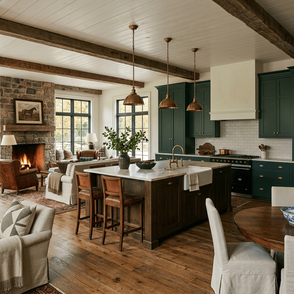 Open rustic kitchen and living room with wooden beams Hikari Clean living